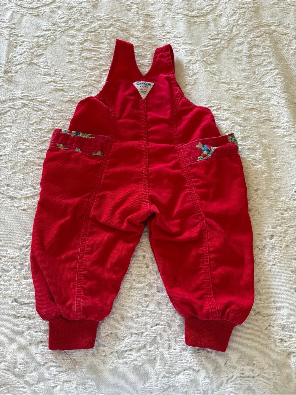 OshKosh Vintage Unisex Red Corduroy Toddler Overalls with Bear Patch 18M